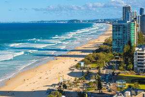 Aerial shot of Surfer's Paradise coastline taken during the daytime. Source: Destination Gold Coast